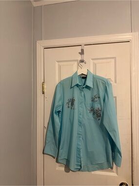 Vtg Get Lucky USA Embellished Western Shirt Light Blue Seahorse Nautical Blouse